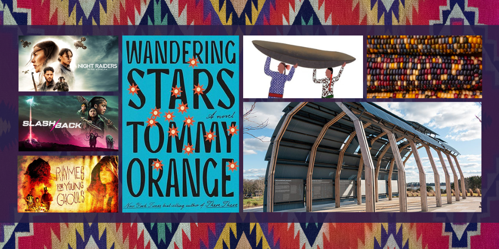 A grid of images overlays a background of textiles with geometric patterns in blue, red, yellow, green, and white. The images include three movie posters, a book cover image, the logo for Eastern Woodland Revitalization, a photo from Machicomoco State Park, and corn.