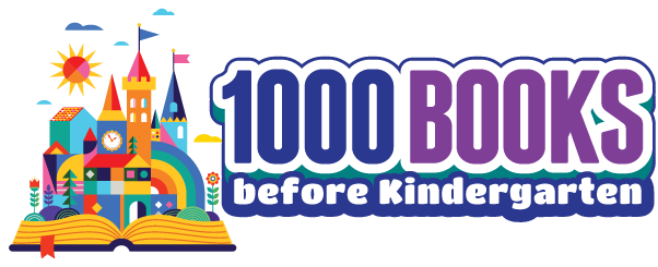 1000 Books before Kindergarten logo -- colorful castle and sun opened as a pop up from within pages of a book
