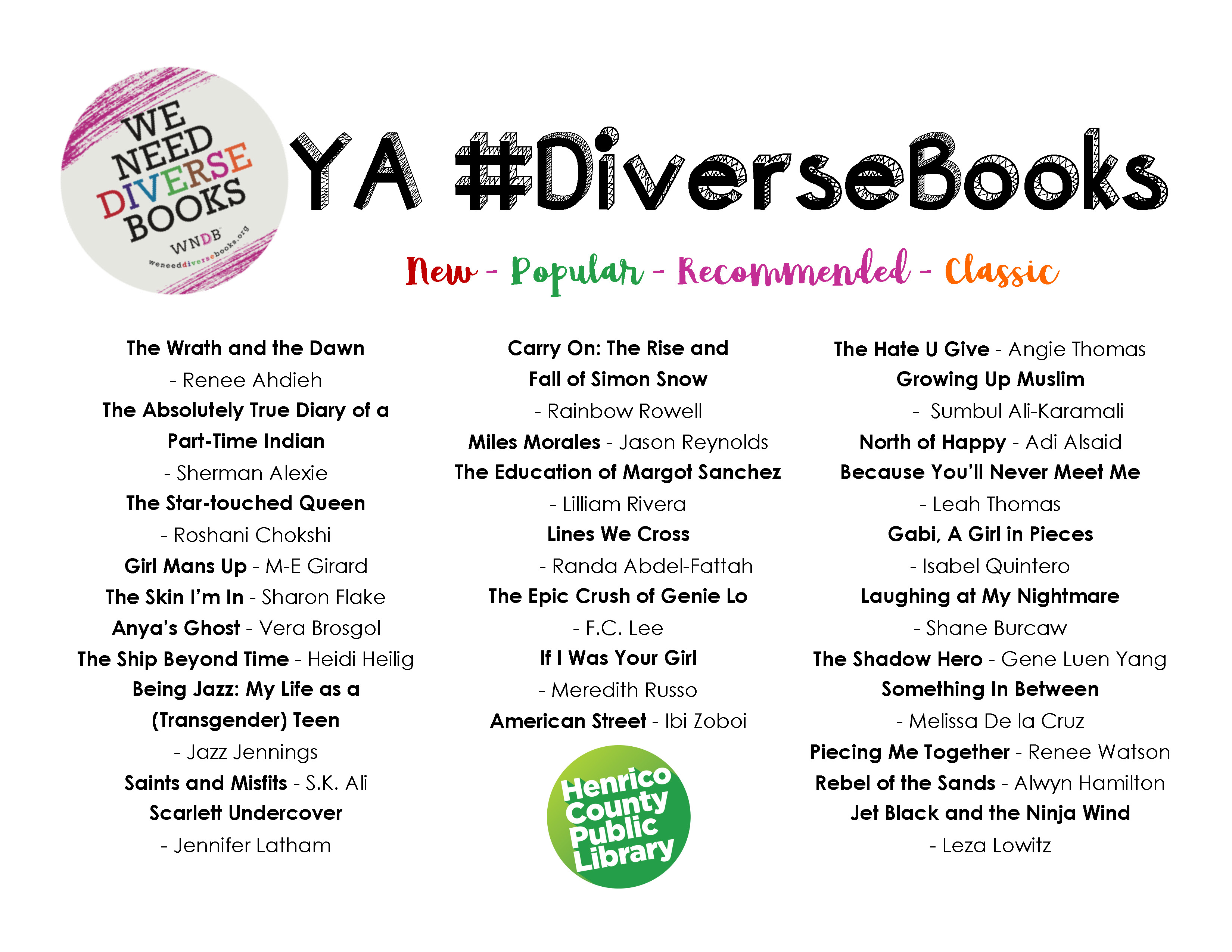 This image is a list of Young Adult Diverse Books. Click or select for an accessible PDF.