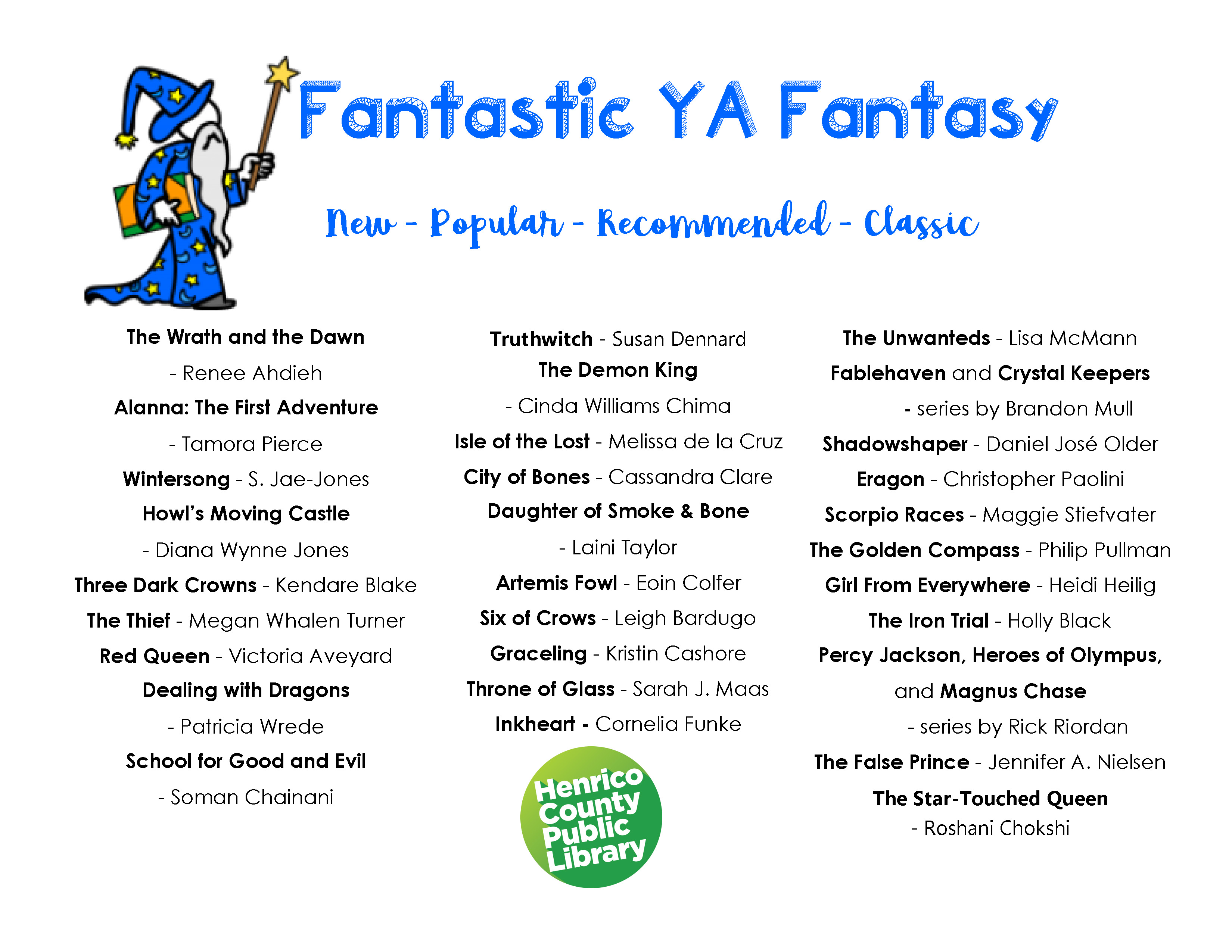 This image is a list of Young Adult Fantastic Fantasy Books. Click or select for an accessible PDF.