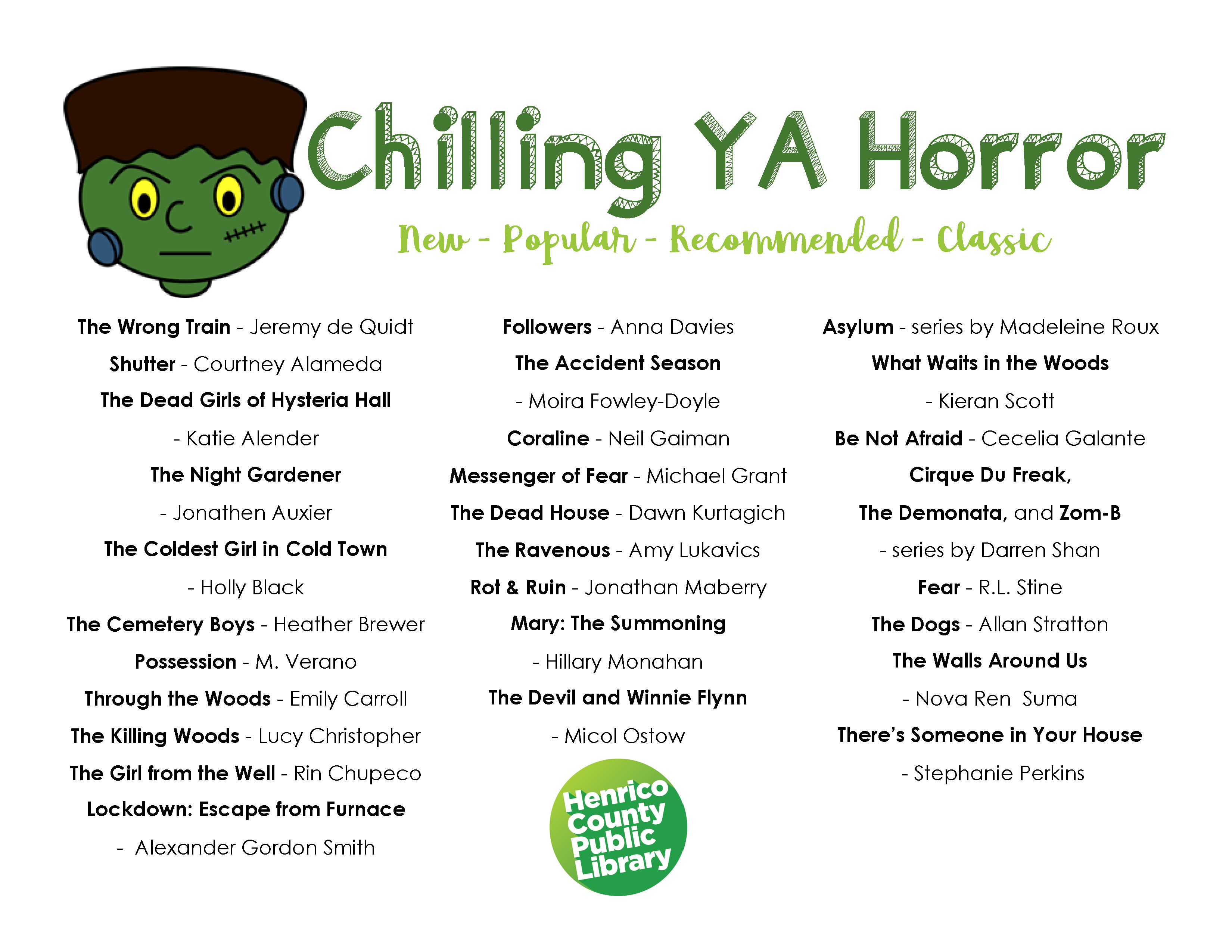 This image is a list of Young Adult Chilling Horror Books. Click or select for an accessible PDF.