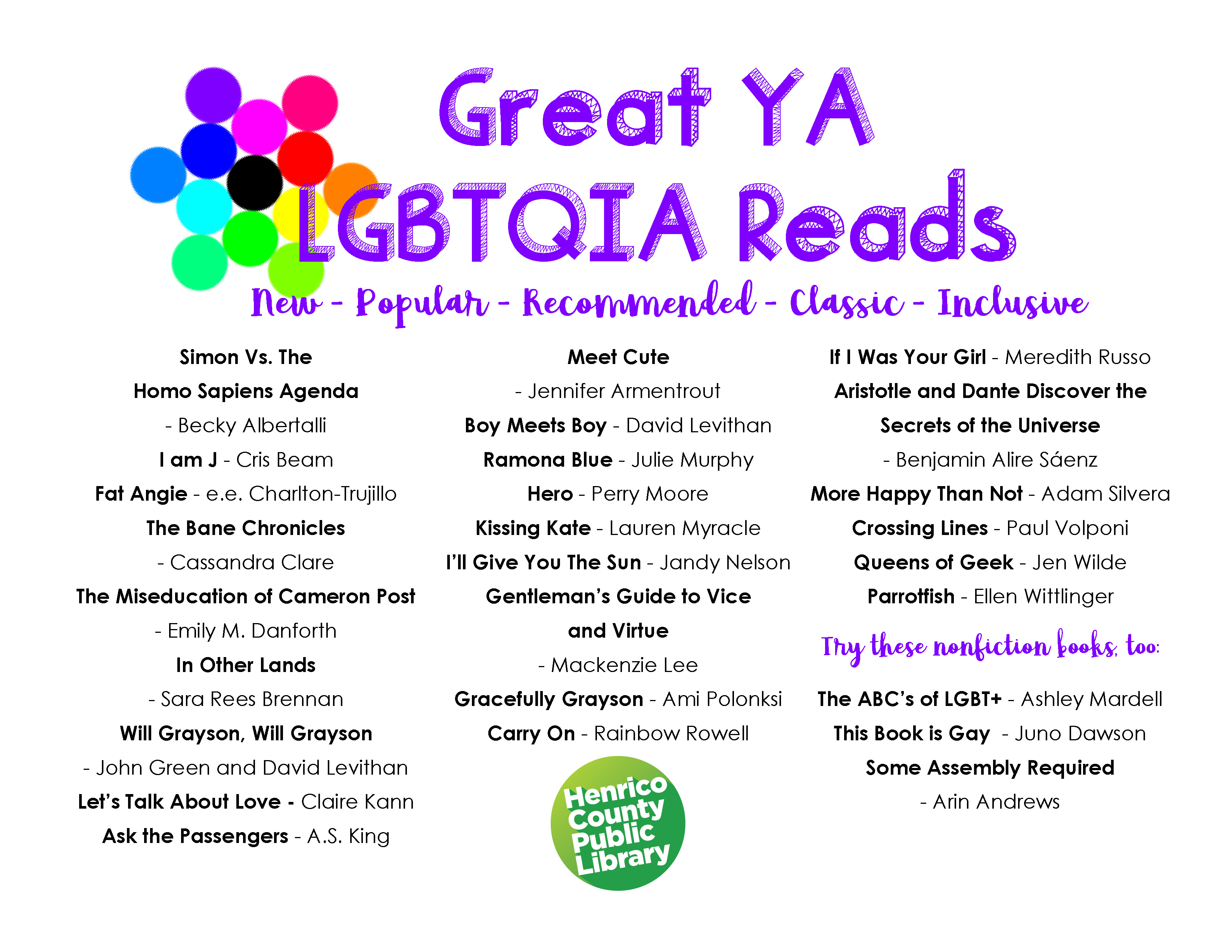 This image is a list of Young Adult Great LGBTQIA Reads. Click or select for an accessible PDF.