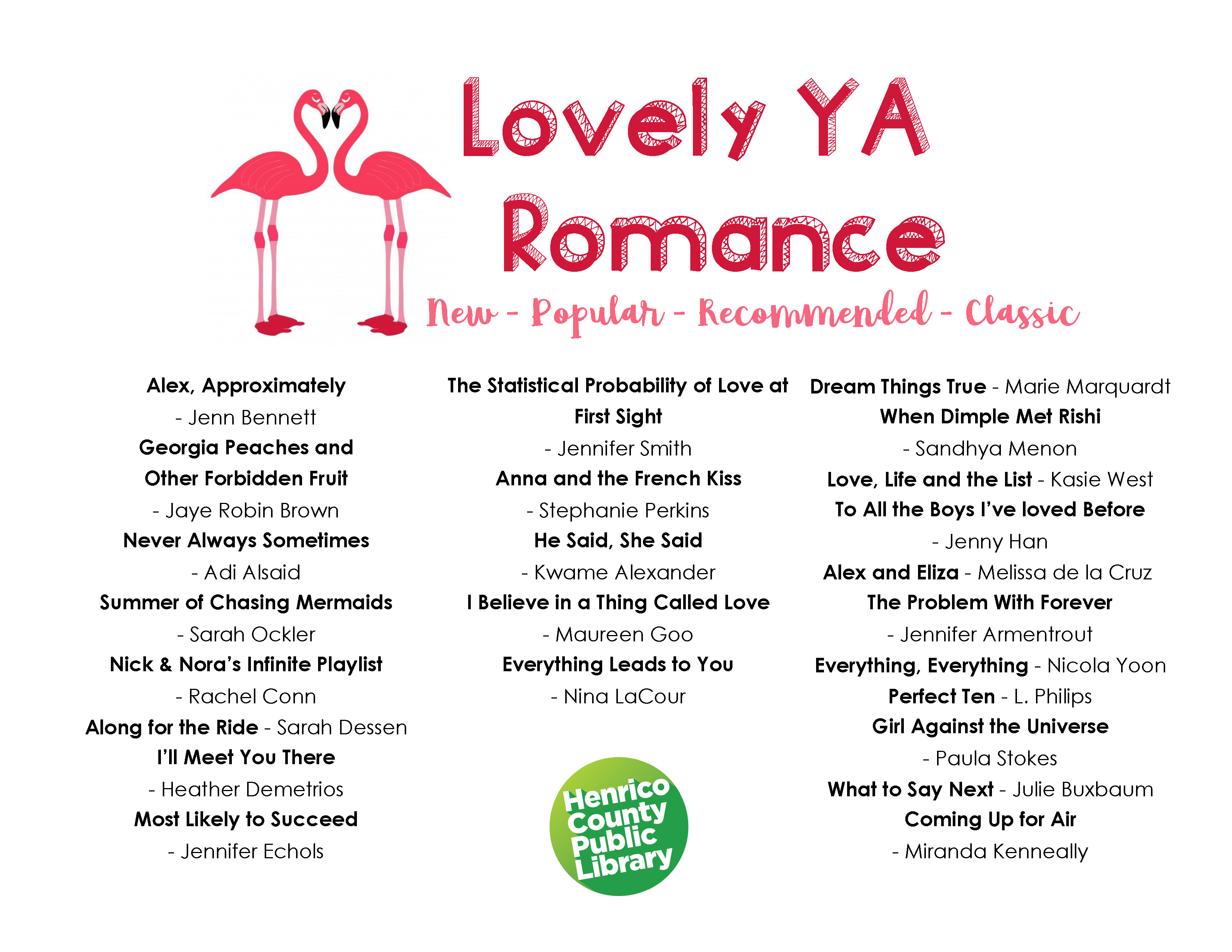 This image is a list of Young Adult Lovely Romance Books. Click or select for an accessible PDF.