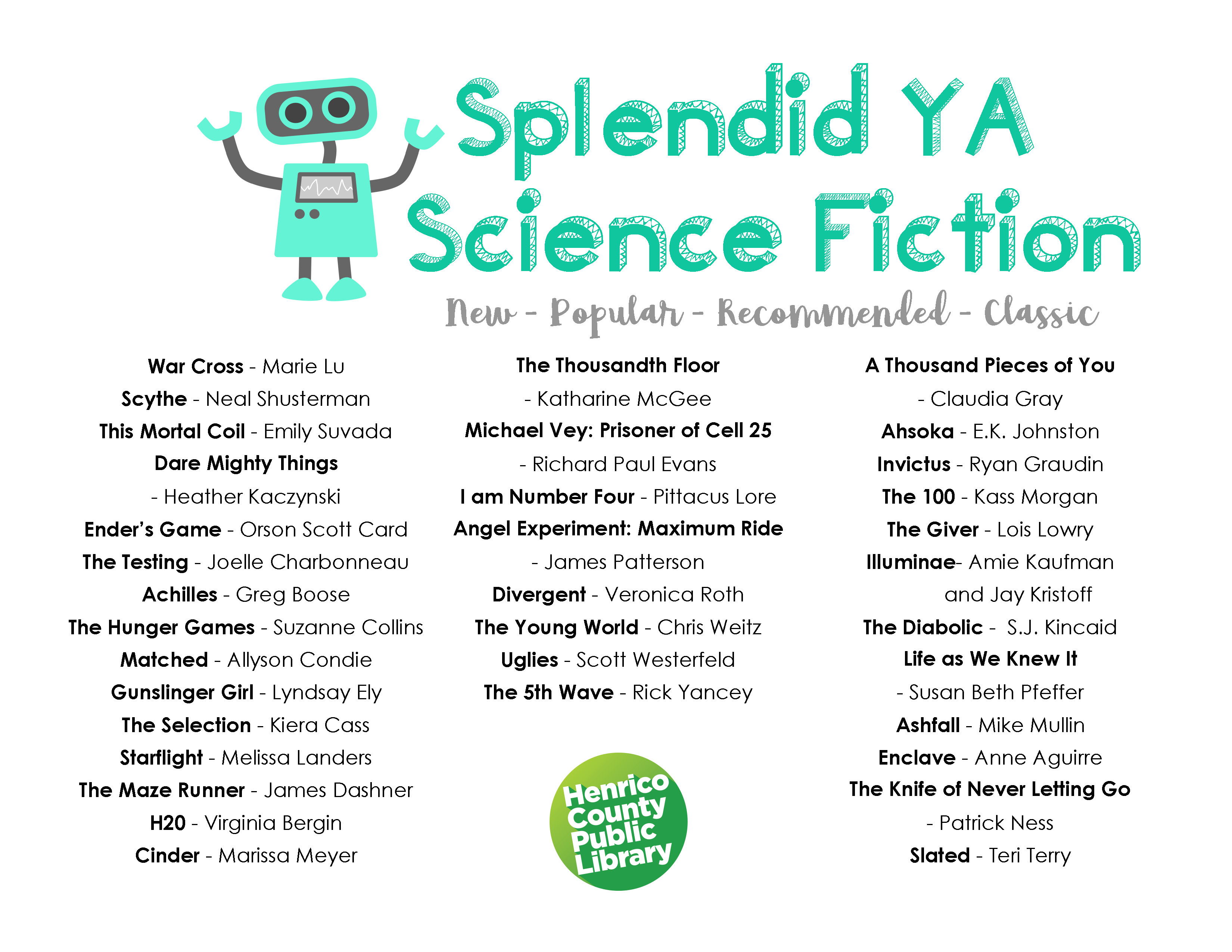This image is a list of Young Adult Splendid Science Fiction Books. Click or select for an accessible PDF.