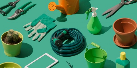 Illustration of a variety of gardening tools on a green background
