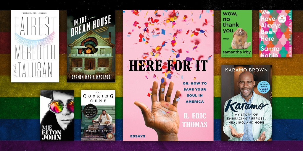 An array of book covers from the titles highlighted in this post over a rainbow