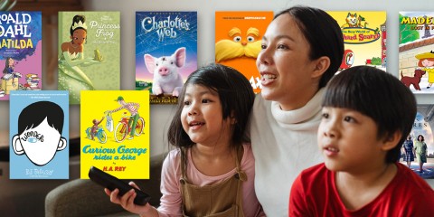 photo of a mom with two kids watching television with an array of book and movie covers from titles featured in this post