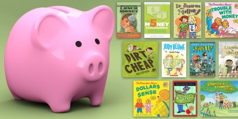 photo of a bright pink piggy bank with an array of book covers of titles featured in this post