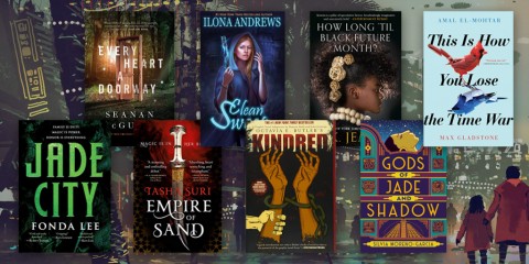 An array of book covers from titles featured in in this post over the image of a dark cityscape