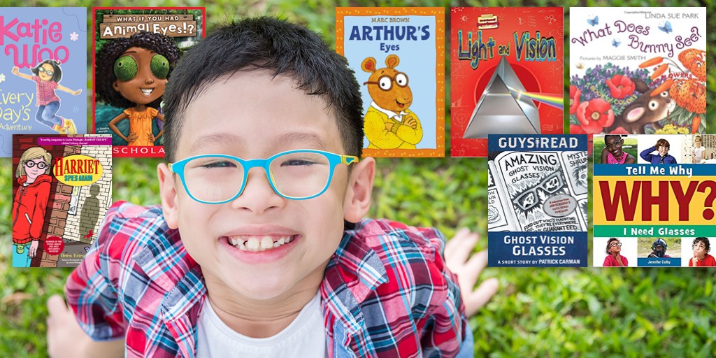 Photograph of a young child wearing blue glasses surrounded by book covers of titles featured in this post.