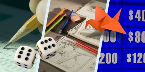 A photo collage featuring a close up of someone writing with a pencil, a pair of dice, a comic book drawing, and a screenshot from jeopardy showing the wall of screens a contestant picks from