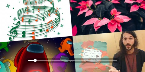 A collage of four images, a holiday tree illustrated by musical notes, a photograph of Poinsettia flowers, characters from the game Among Us, and a screen shot of a librarian during virtual storytime. There is a bar across the bottom similar to a progress bar on a digital video.