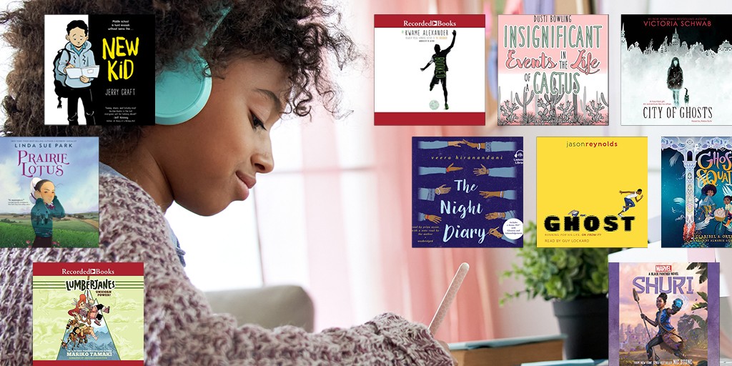 A photograph of a young person wearing headphones while studying with the covers of the titles mentioned in this post surrounding them 