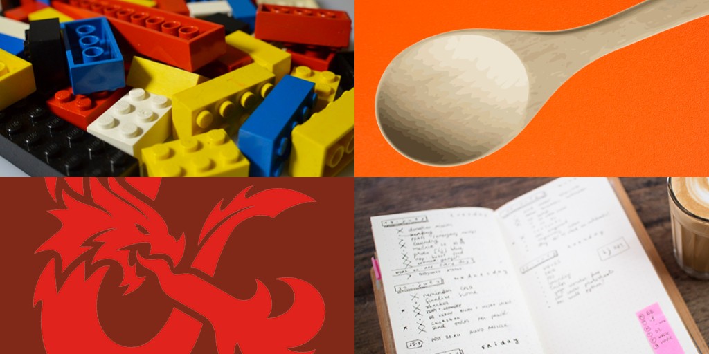 A collage of four photographs: Lego blocks, a wooden kitchen spoon on an orange background, the Dungeons and Dragons logo, and a bullet journal. 