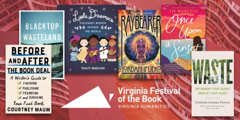 The book covers of the titles featured in this post are arrayed around the logo for the Virginia Festival of the Book. The background is an orange tinted photograph of library shelves.