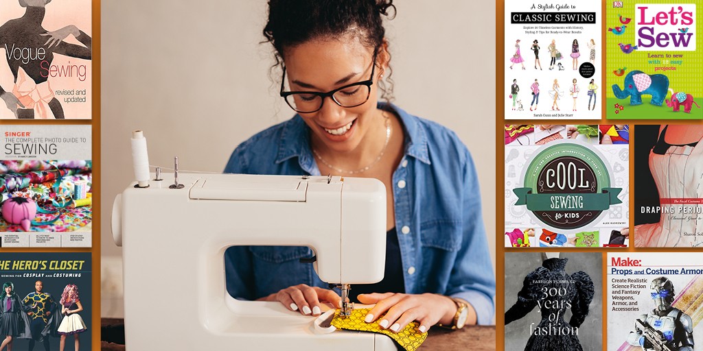 A photograph of a person smiling while sewing at a sewing machine with a variety of book covers from the titles featured in the post surrounding them. 