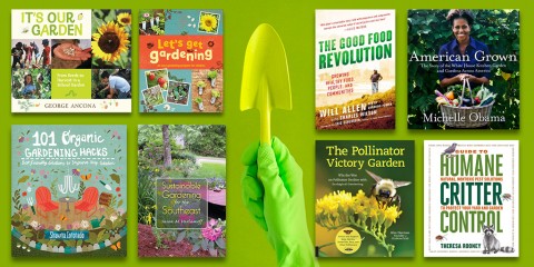 The book covers from the titles listed in this post surrounding a gloved hand holding a garden trowel.