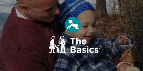 A photograph of a parent holding a child outside playing with the logo for The Basics centered on top.