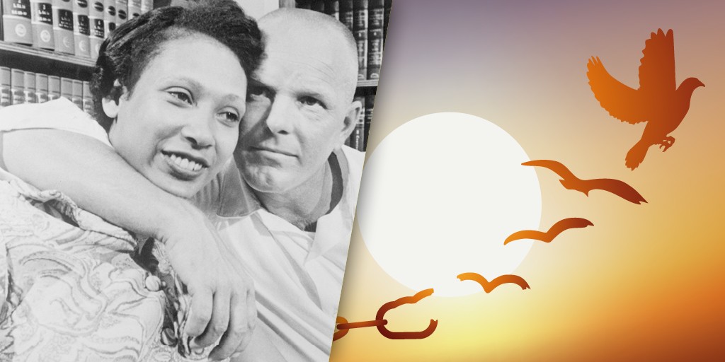 A photo of Mildred and Richard Loving alongside an illustration of a chain transforming into flying birds in the sunset