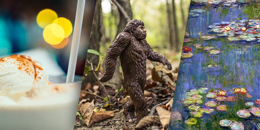 Three photographs, an ice cream sunday, a toy bigfoot and one of Monet's watercolor paintings together in one image.