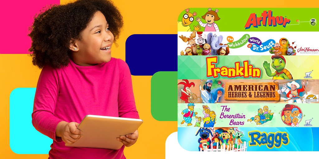 A photograph of a child smiling while holding a tablet on a bright colorblock background. Beside them are the logos for many of the videos including in the Just for Kids video service including Arthur and Franklin