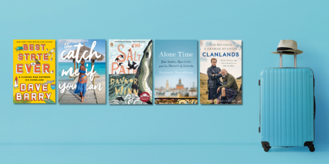 Five book covers overlay a photograph of a bright, baby blue background. To the right of the book covers is a suitcase with a summer hat.