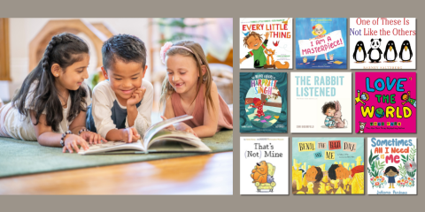 Three young children lay side-by-side on the floor reading a book together. To the right is a grid of nine children's book cover images. 