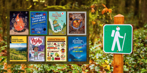 A grid of eight book cover images includes children's and adult titles about camping. The grid overlays a photograph of a green trail marker sign in a forest of green foliage. 