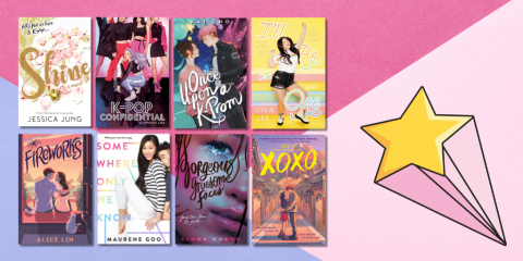 A grid of eight teen book cover images about K-Pop overlays a color-block background of light purple, pink, and light pink. On the right side of the image is a graphic of a yellow shooting star. 