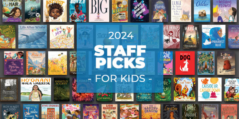 A large grid of children's book covers overlays a dark gray background. Text overlaying the grid in a light blue square reads, 