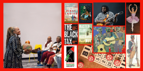 A grid of images over a bright red background displays book covers, artwork, and presenters tied to Black History Month programs at the library. 