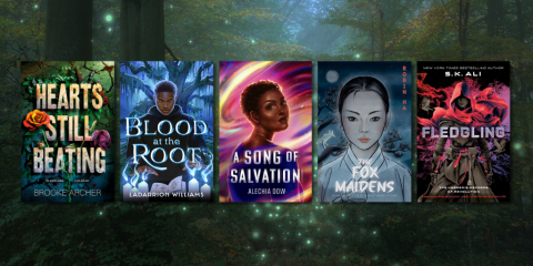 Five teen book cover images overlay a photograph of an enchanted forest. 