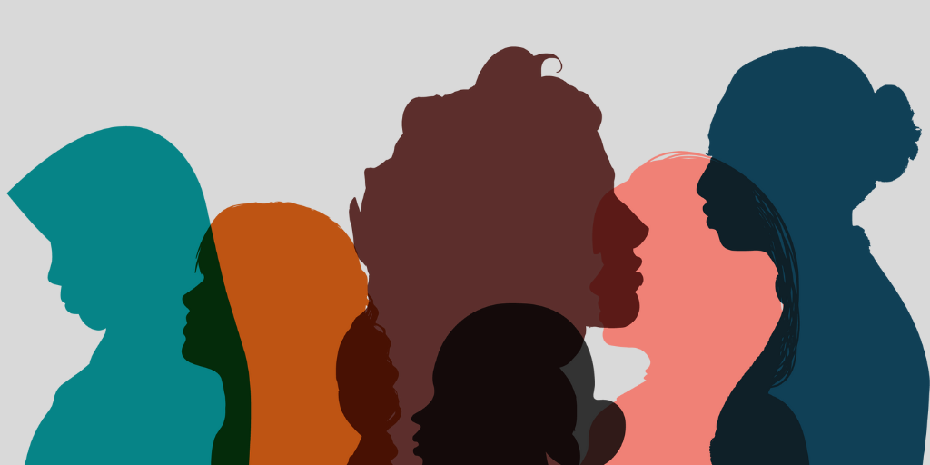 A graphic features five colorful silhouettes of diverse women standing side-by-side against a gray background.