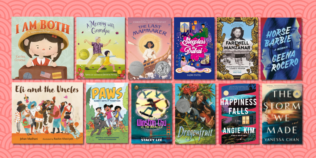 Twelve book cover images featuring kid, teen, and adult titles by and about Asian Americans and Pacific Islanders overlay a peach colored background with a geometric pattern.