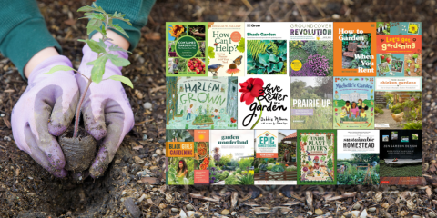 A close-up image of two hands wearing purple gardening gloves planting a small green plant in the dirt. To the right of the hands is a grid of seventeen book covers about gardening. 