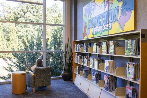 A patron sits in an armchair, reading a book. Beyond them is a large window with a view of greenery. To the right of them is a wall of shelves featuring dozens of magazines. Above the shelves is a community-painted mural with the word 