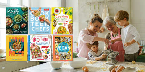 A grid of six cookbook cover images overlays a photograph of a young woman, an older woman, and two young children standing together at a kitchen counter making handmade noodles. Flour and eggs are scattered across the counter.  