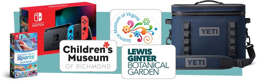 Sumer Reading Grand prizes including Family Membership to the Science Museum of Virginia, Lewis Ginter Botanical Garden, and the Children's Museum of Richmond , a Nintendo Switch with Nintendo Switch Sports game and a Yeti Hopper Flip 18 Soft Cooler.