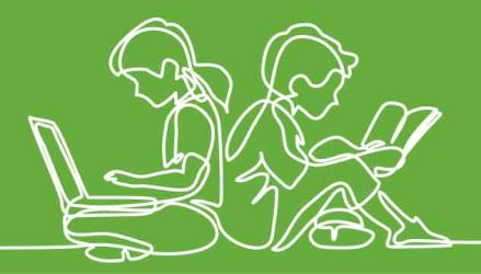 sketch drawing of children sitting back to back. One is reading a book, the other is looking at a laptop.